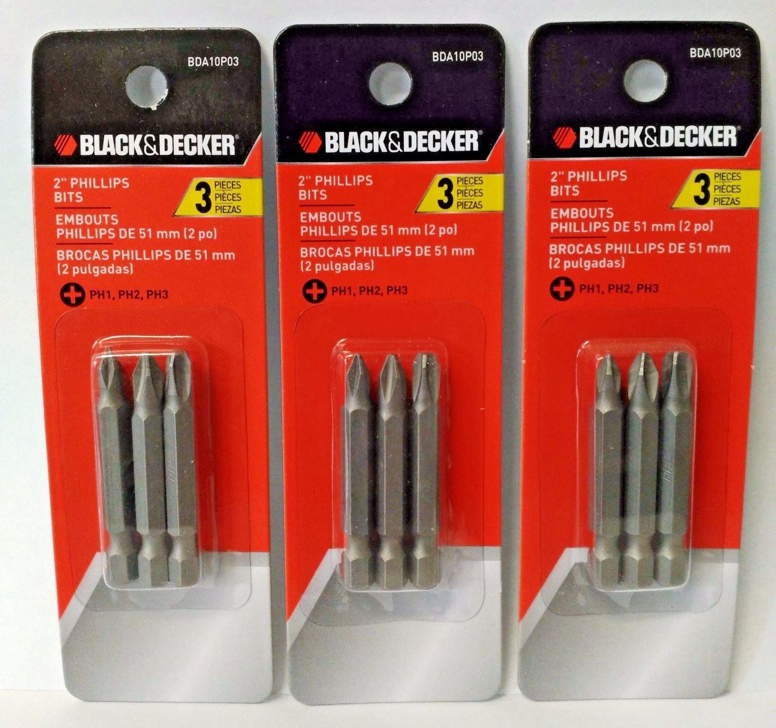 Black Decker BDA10P03 3 Piece 2 Phillip Screwdriving Bits PH1 PH2 P