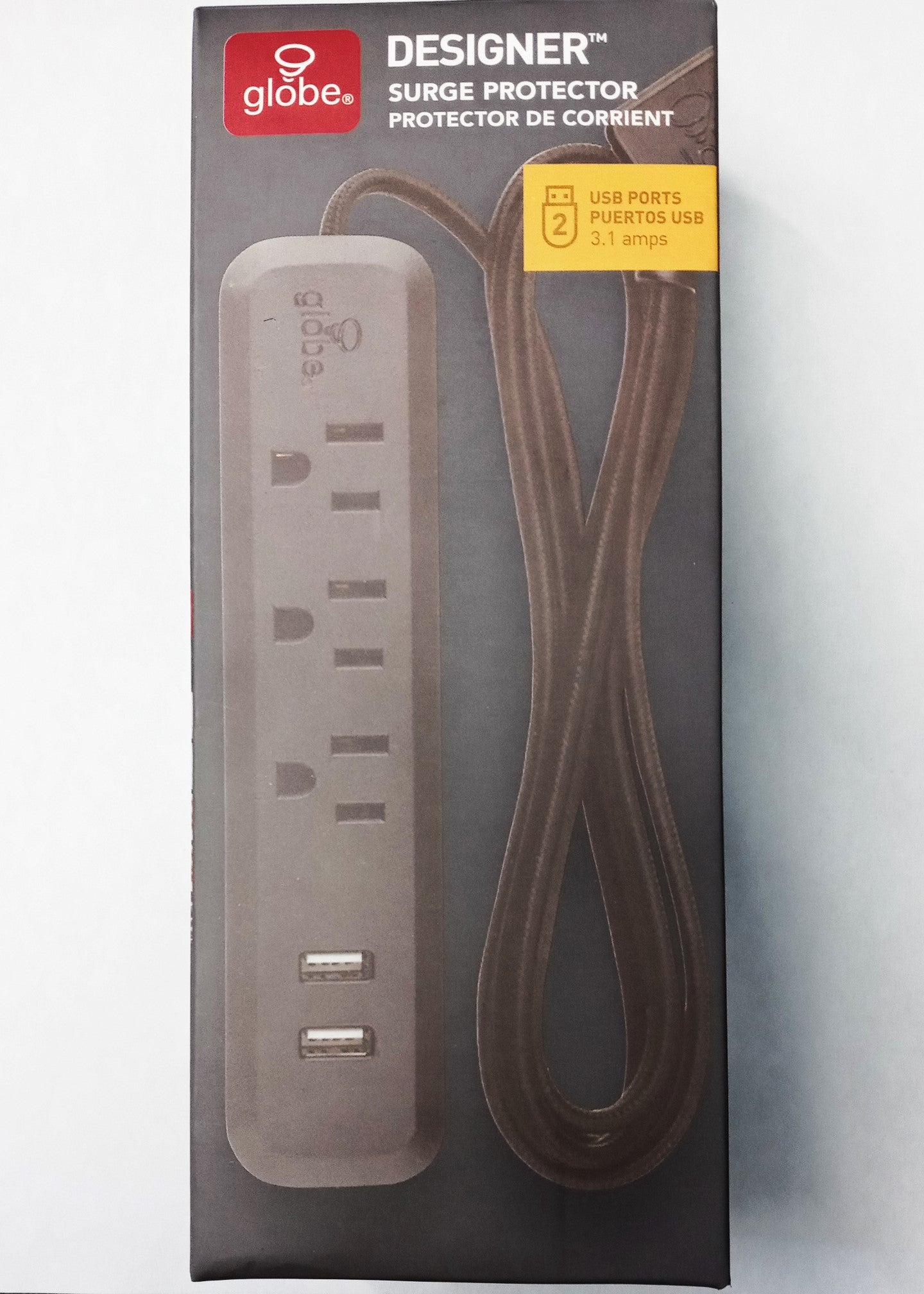 Globe Electric 0721 6ft 3-Outlet 2-USB Surge Protector Power Strip