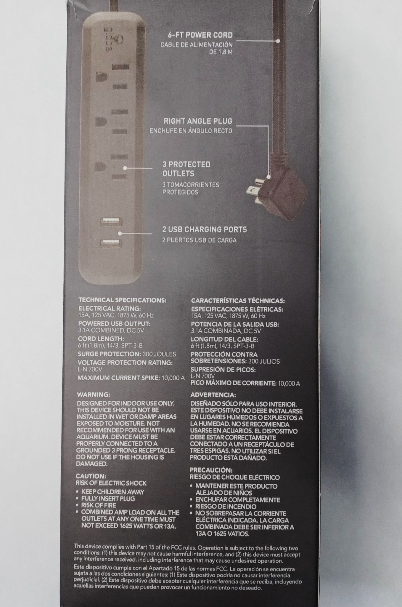 Globe Electric 0721 6ft 3-Outlet 2-USB Surge Protector Power Strip