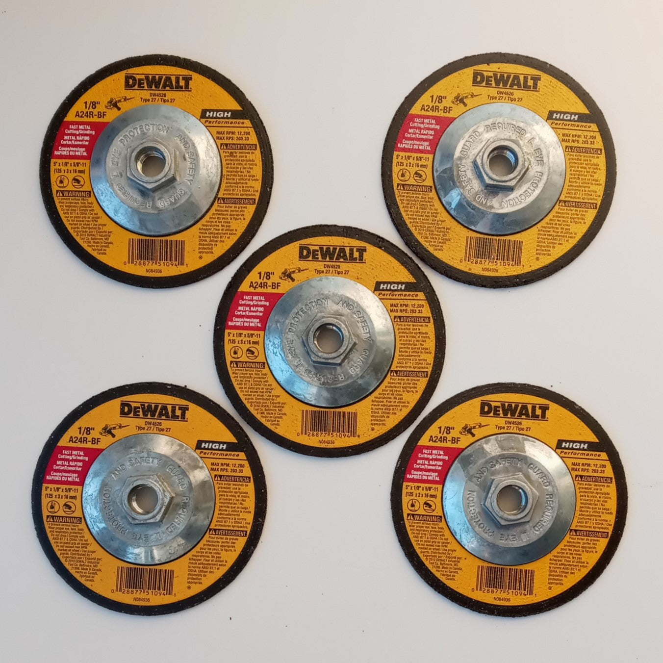 DeWalt DW4526 5" x 1/8" x 5/8"-11 Metal Cutting/Grinding Wheels 5pcs