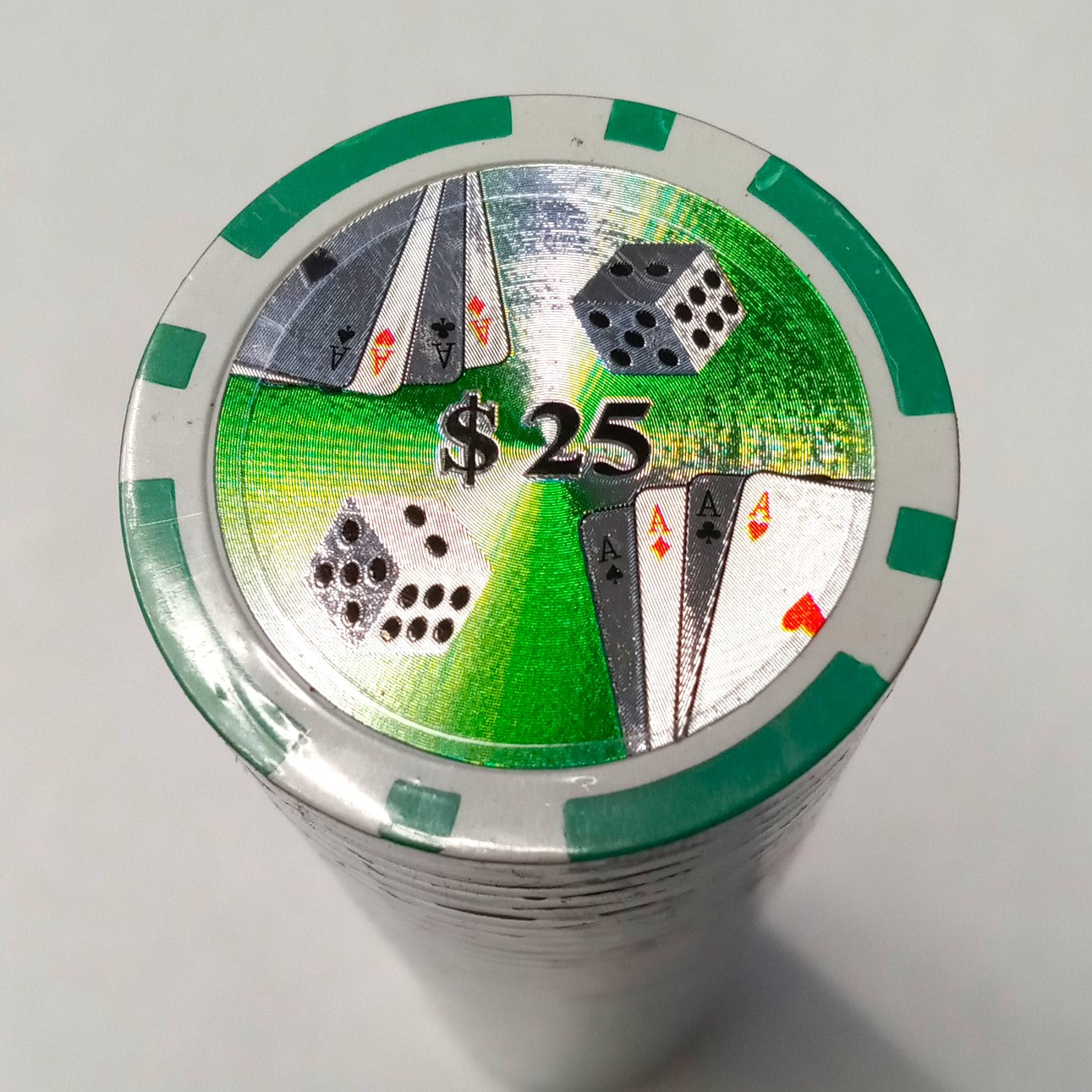 Green $25 Denomination, Dice & Cards, Four of a Kind, Clay Poker Chips 50pcs