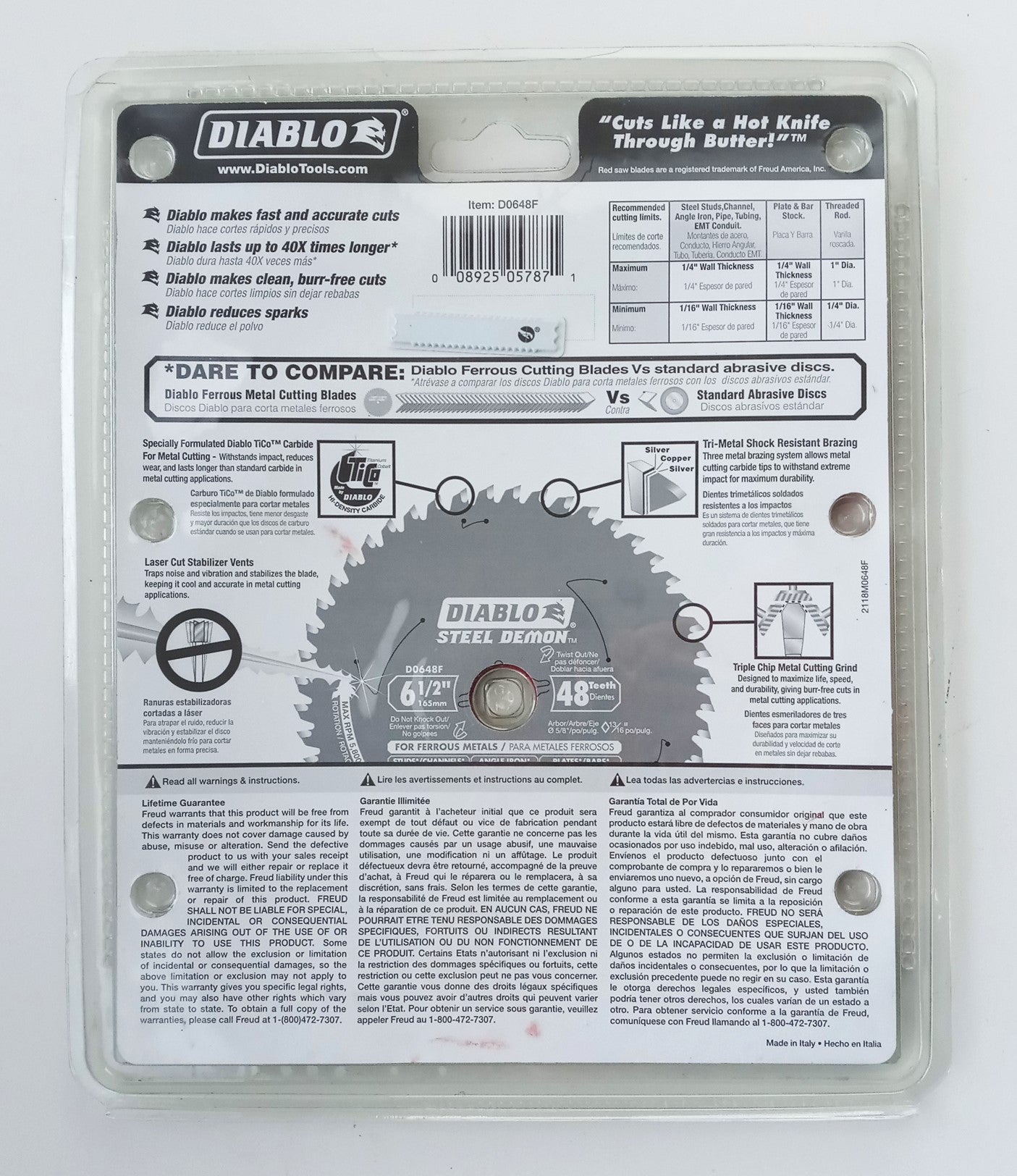 Diablo D0648F Steel Demon 6-1/2" 48T Circular Saw Blade Ferrous Metals Italy