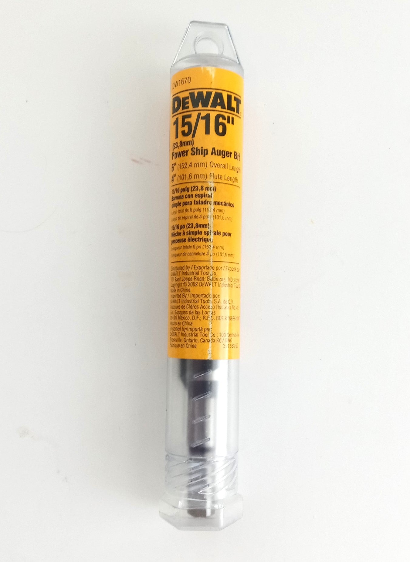 DeWalt DW1670 15/16" x 6" Power Ship Auger Drill Bit