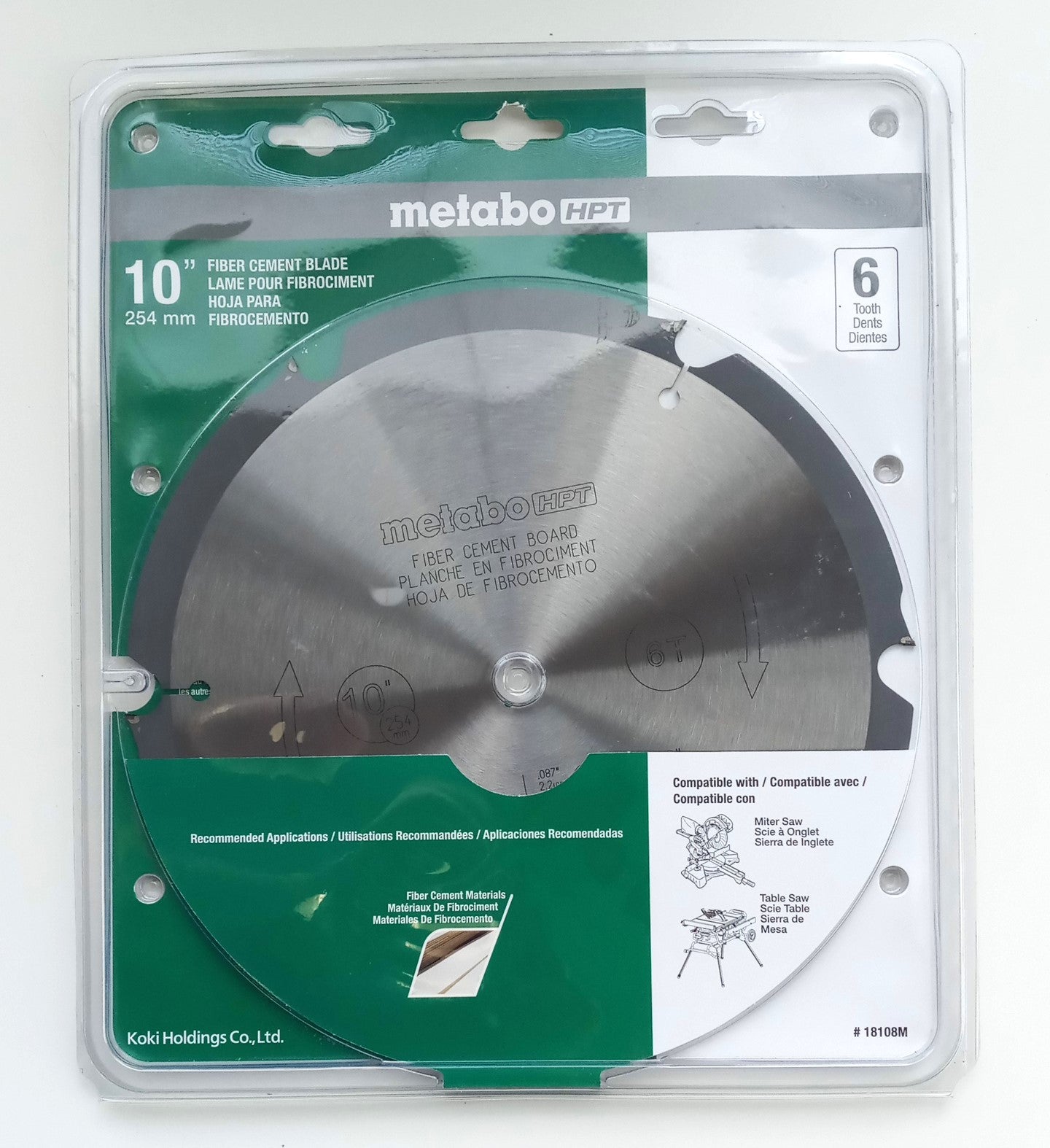 Metabo 18108M HPT Saw Blade, 10", Fiber Cement, 6T, Polycrystalline Diamond Tips