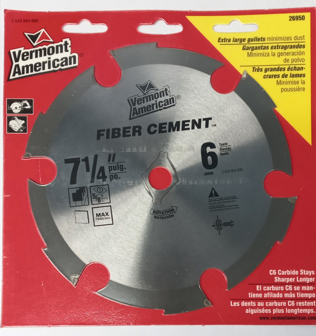 Vermont American 26950C 7-1/4" x 6T Fiber Cement Saw Blade Carded