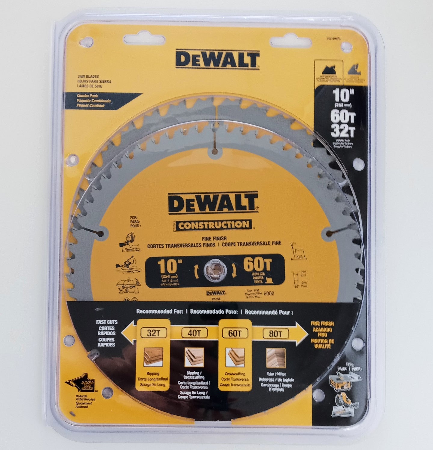 DEWALT DW3106P5 10in 60T 32T Miter Table Saw Blades - 2-Blade Combo Pack