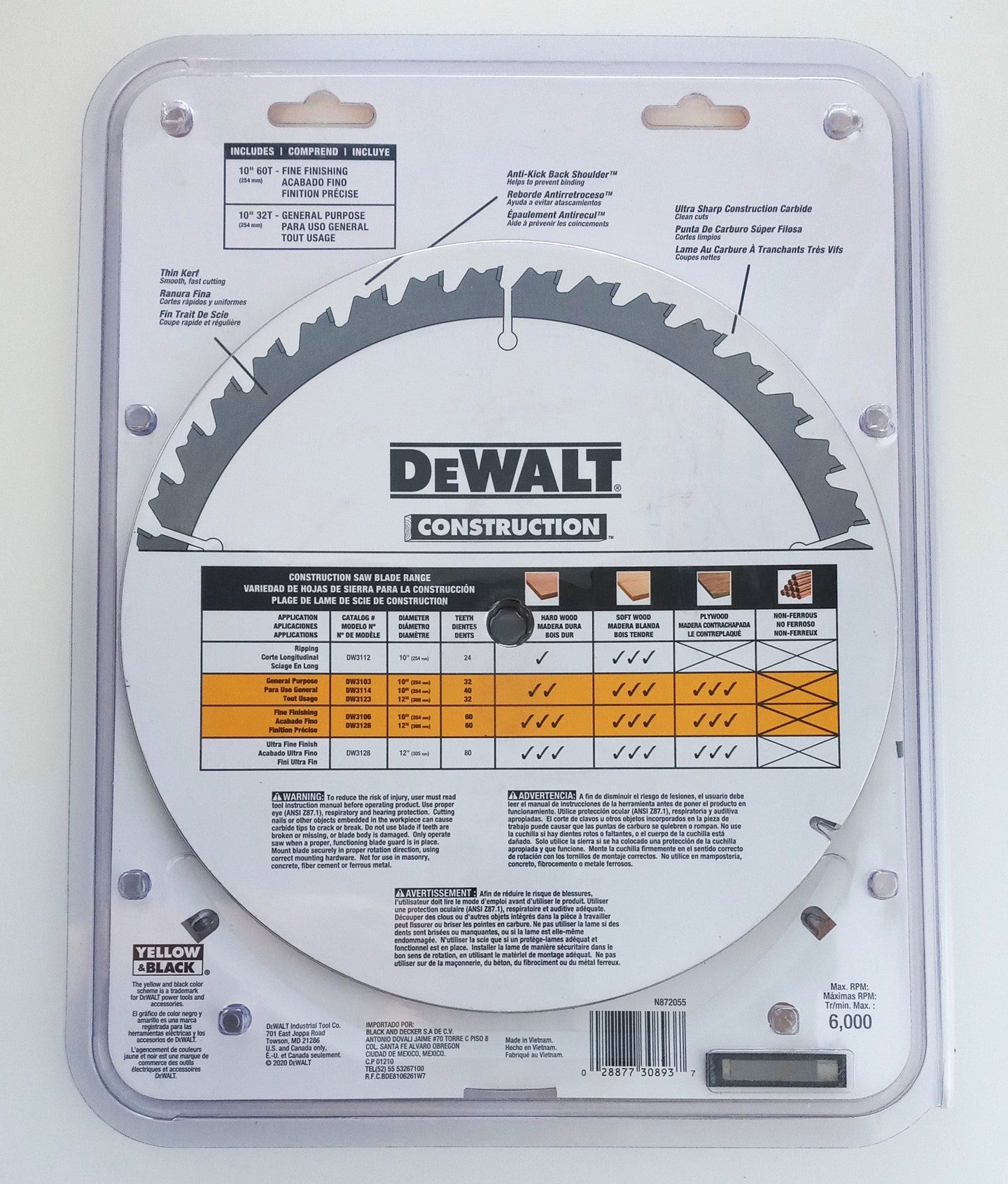 DEWALT DW3106P5 10in 60T 32T Miter Table Saw Blades - 2-Blade Combo Pack