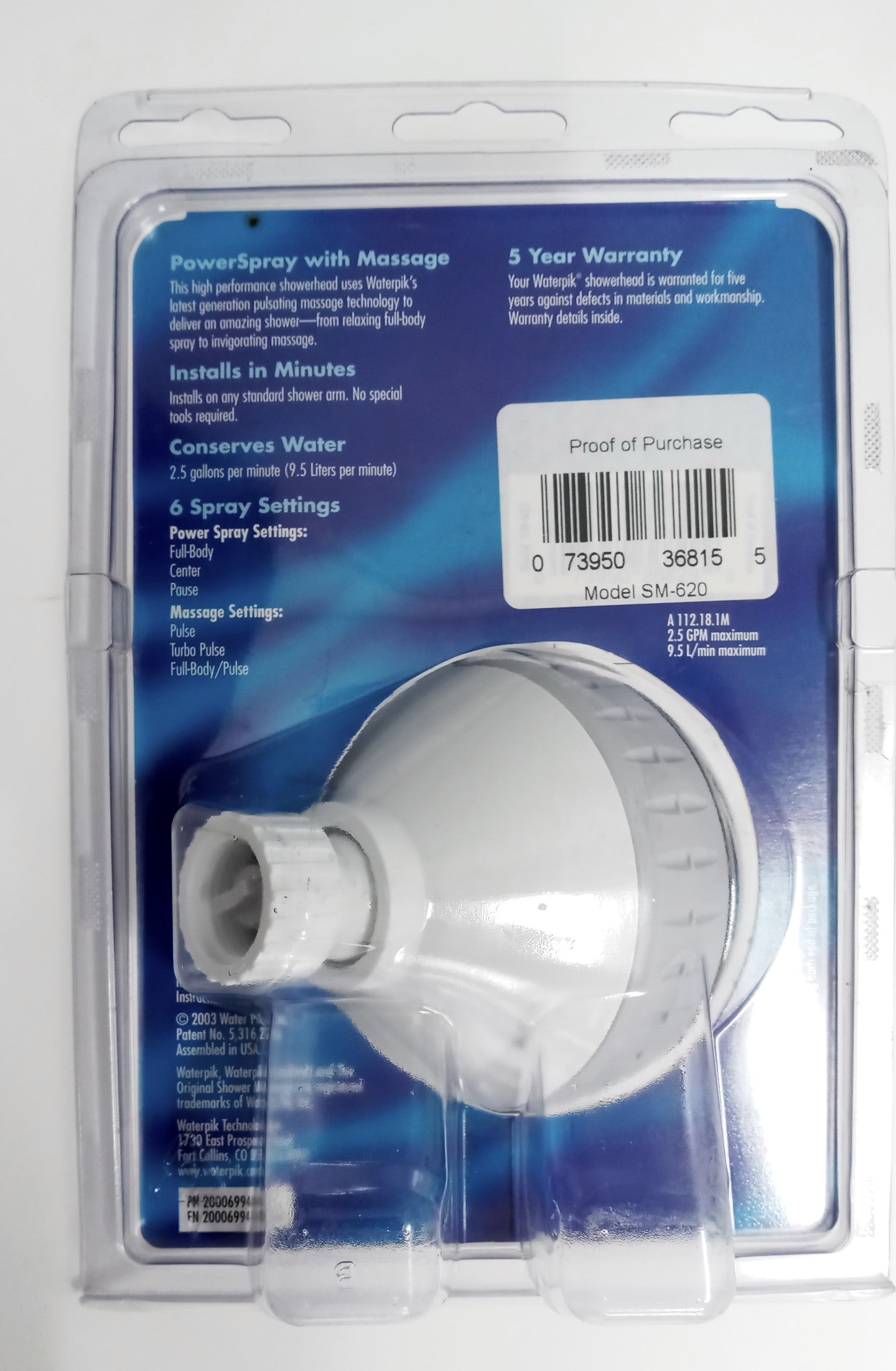 Waterpik SM620 6 Function Massage Shower Head USA