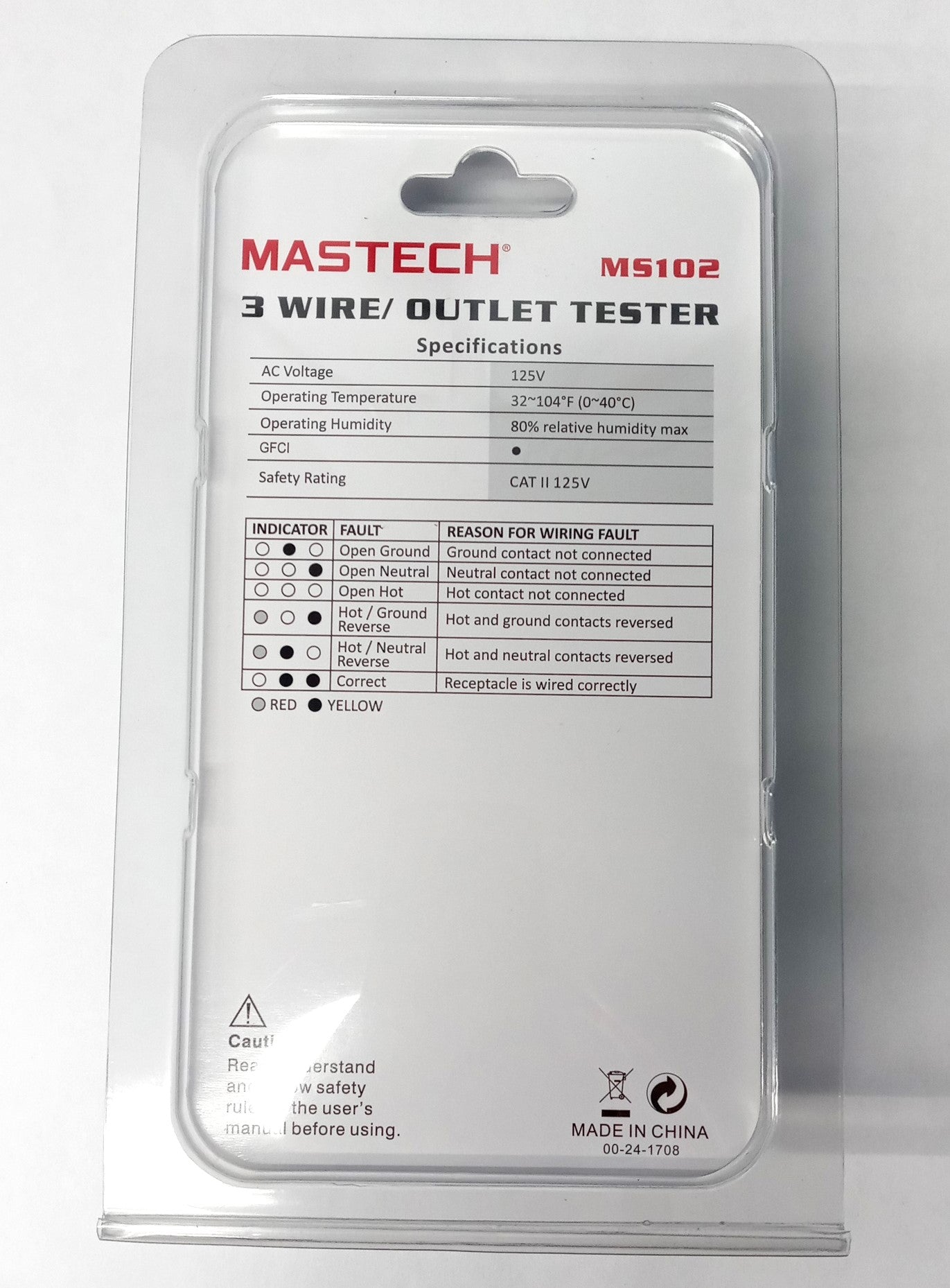 MASTECH MS102 3 Wire/GFCI Outlet Tester