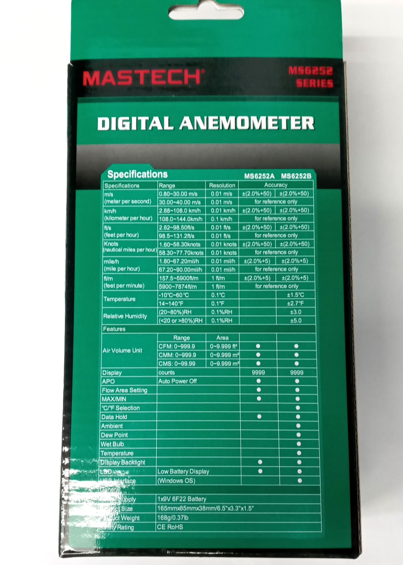 MASTECH MS6252A Digital Anemometer Air Wind Speed Velocity Meter