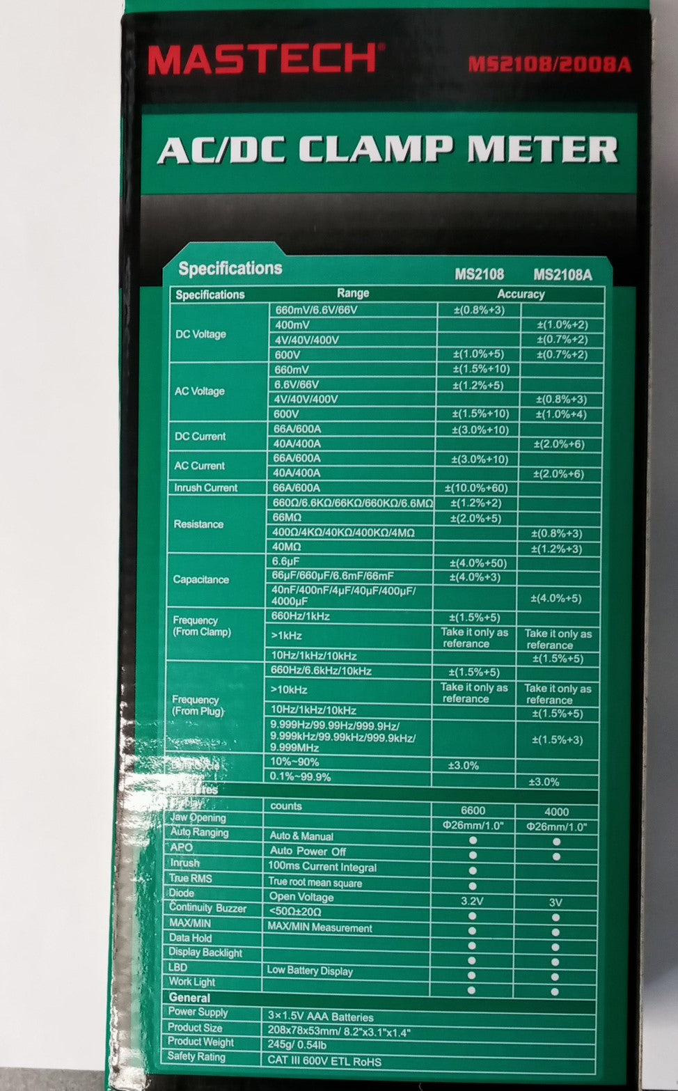 MASTECH Professional MS2108A 4000 Count AC DC Current Clamp Meter LCD Backlight