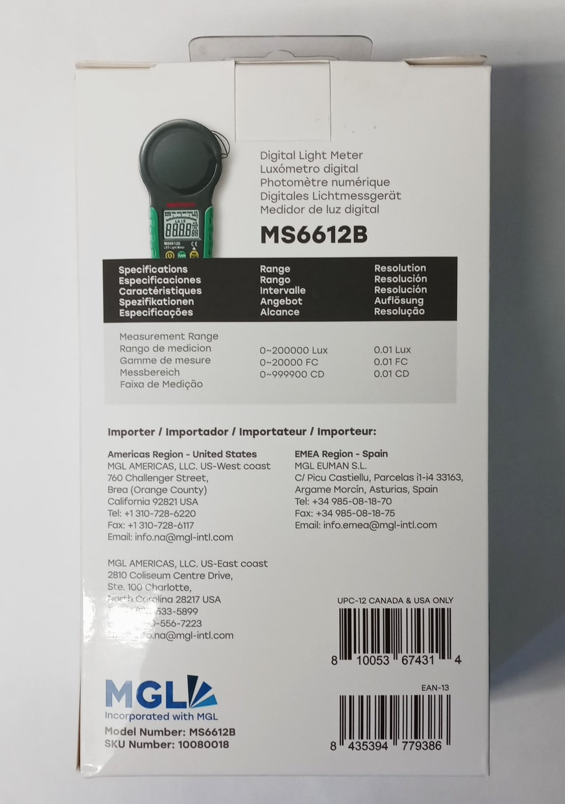 Mastech MS6612B Digital Luxmeter Light Meter Auto Range Peak 200000 Lux