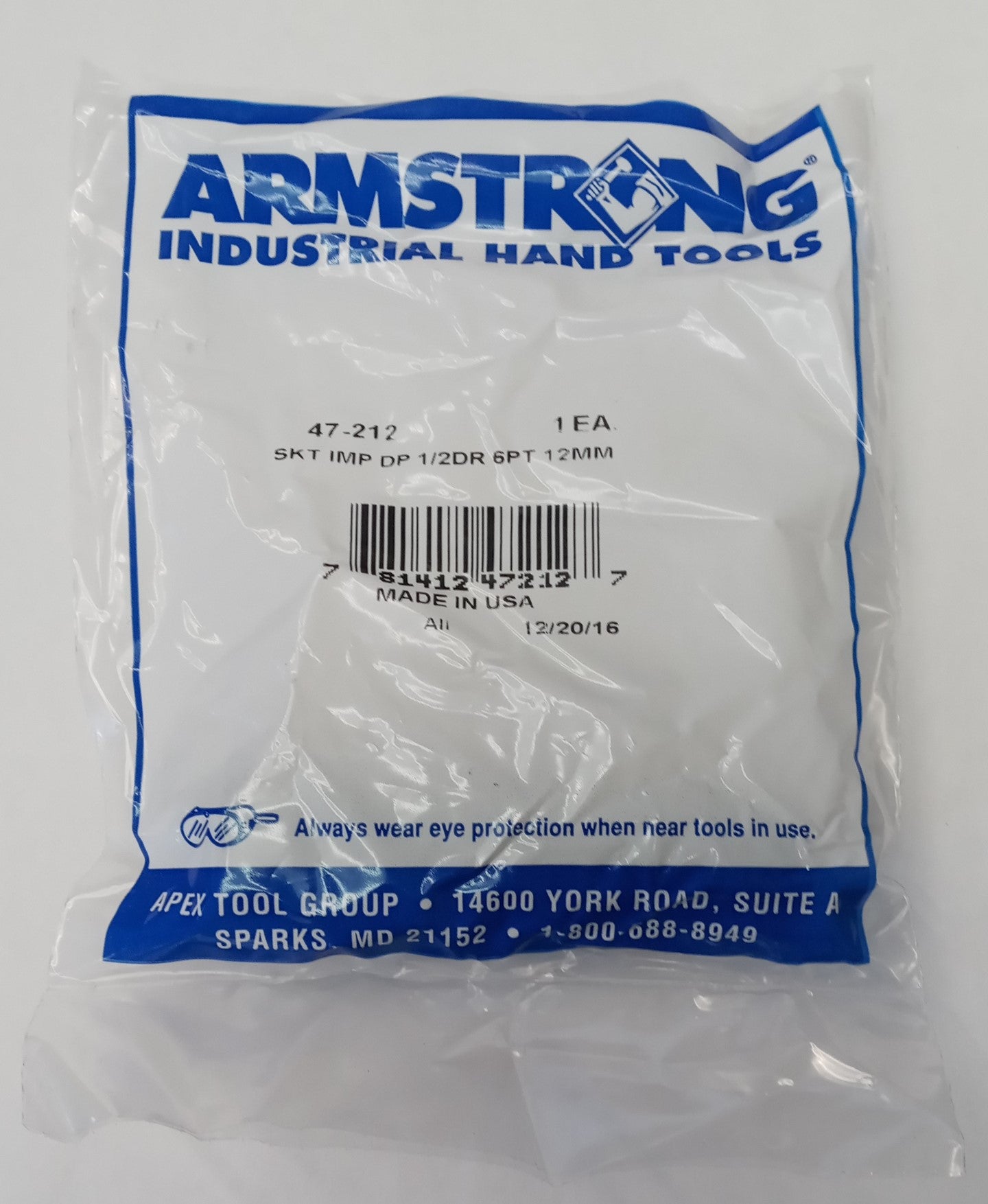 Armstrong 47-212 12mm 1/2" Dr. 6pt Deep Impact Socket USA