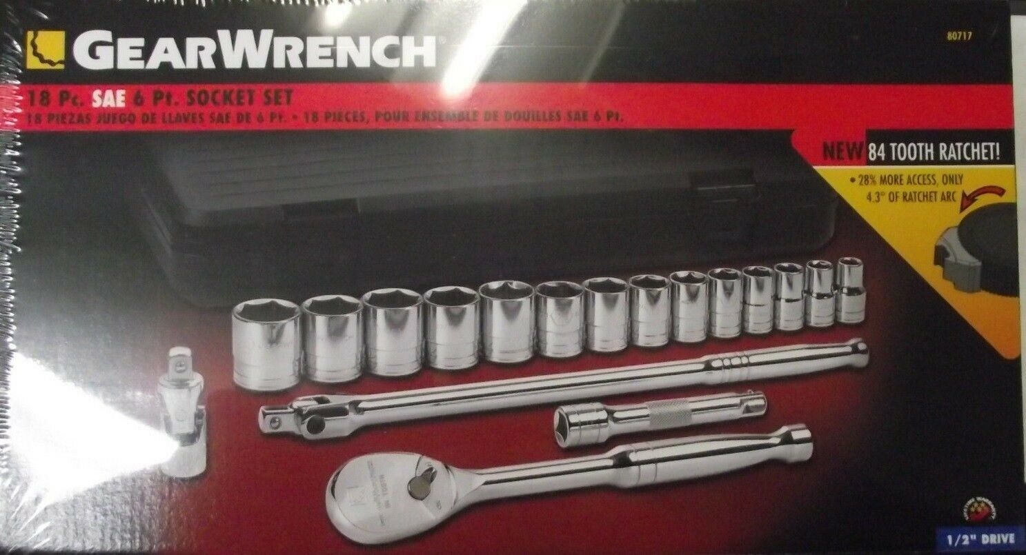 GearWrench 80717 17 Piece Socket Set 84 Tooth Ratchet 1/2" Drive 6 Point SAE