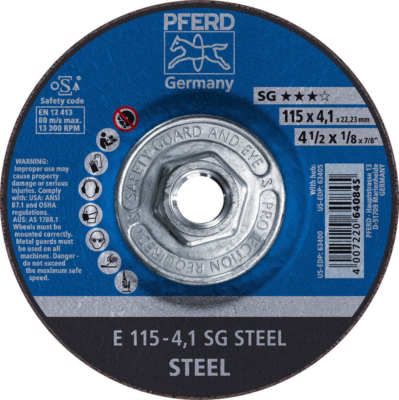 PFERD 63405 4-1/2" x 1/8" Pipeline Wheel 5/8-11 4.1mm, A 24 R SG-P Germany 10pc