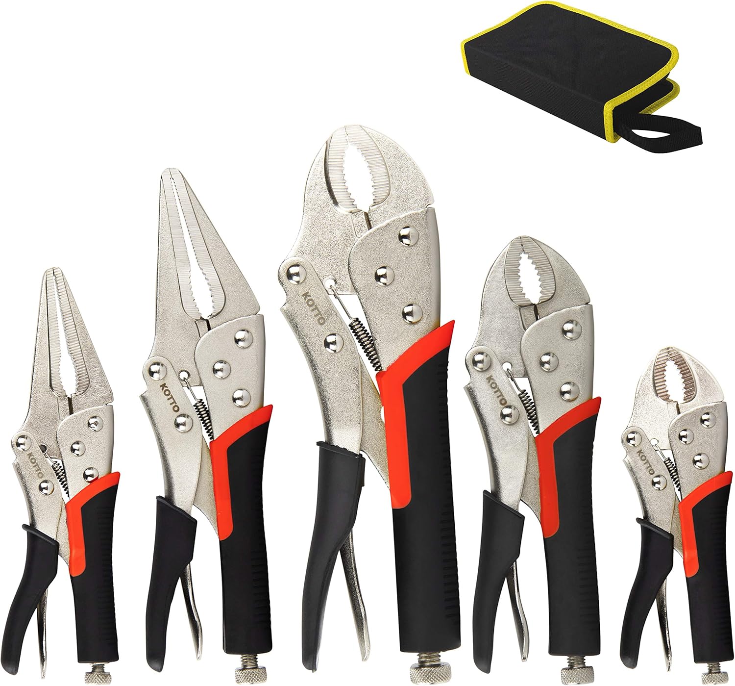 5 Pc Locking Pliers Set 5", 7", 10" Curved Jaw Locking Pliers, 7", 9" Long Nose