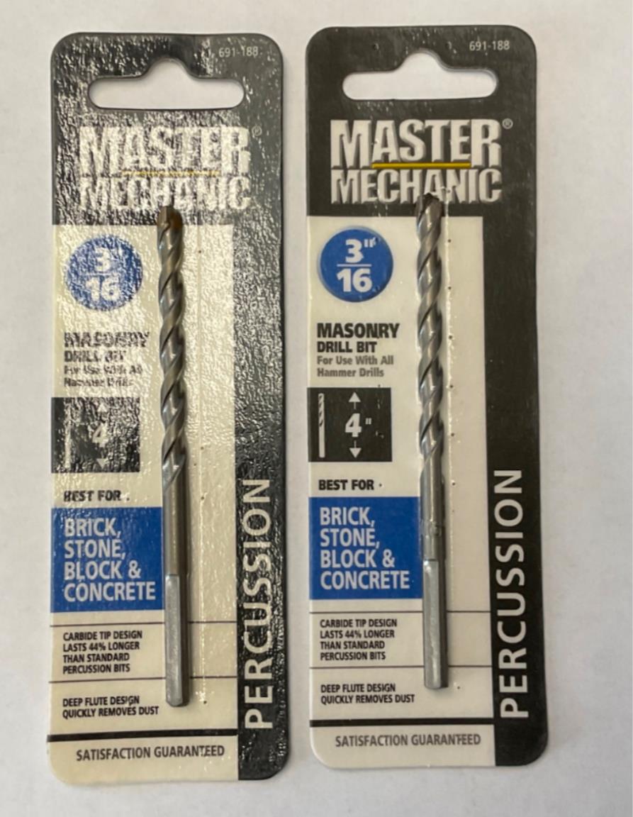 Master Mechanic 691 188 3/16" 4" Carbide Tip Masonry Drill Bit 2pks