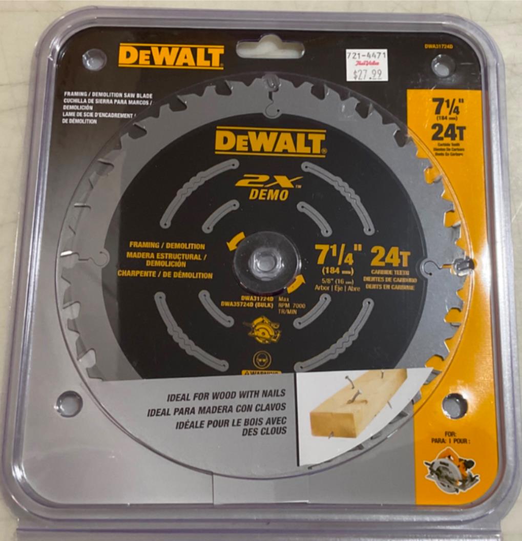 DeWalt DWA31724D 7-1/4" 24T Carbide Framing/Demolition Saw Blade