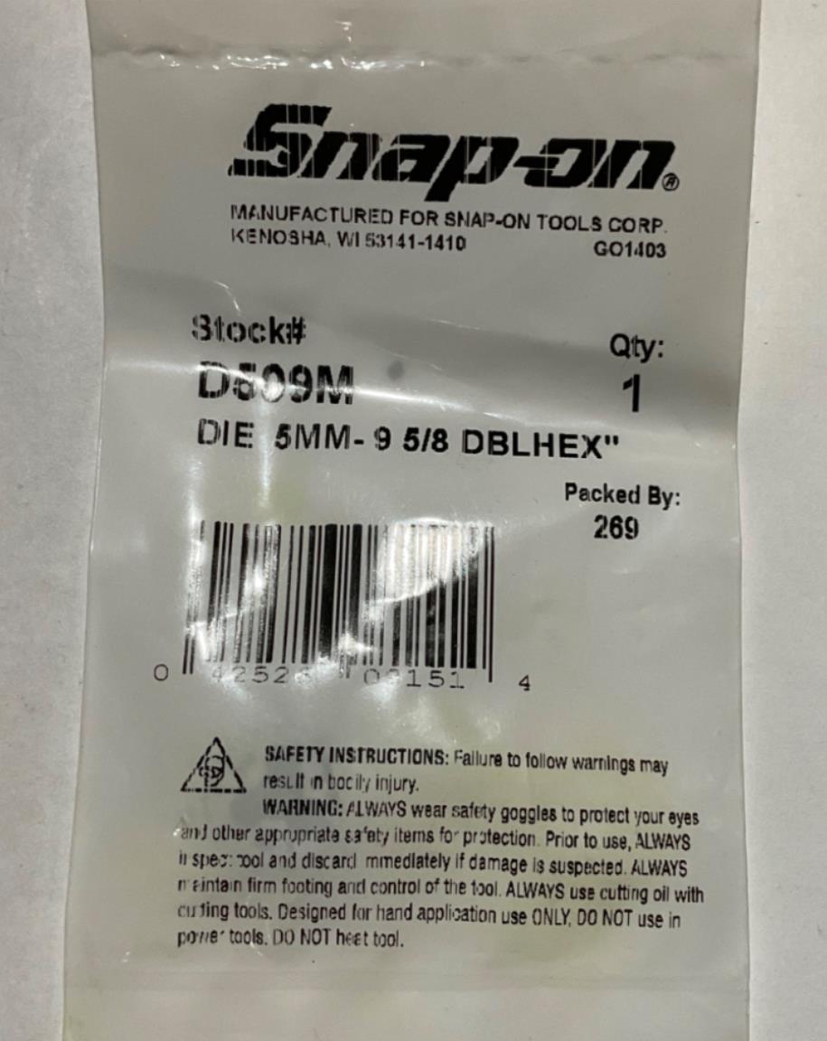 Snap-On D509M 5mm-9 5/8" Double Hex Die