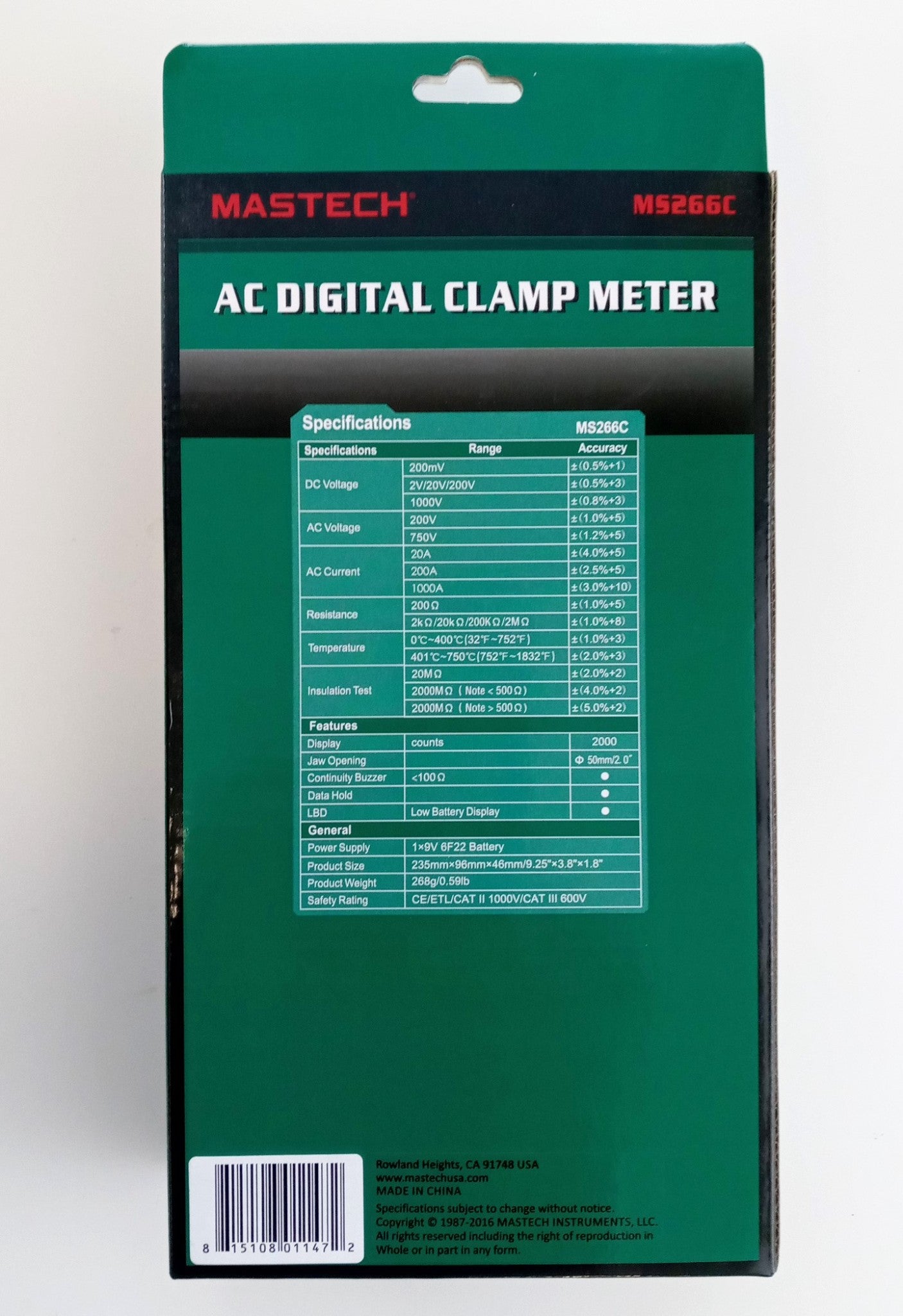 Mastech MS266 Digital Clamp Meter 750V