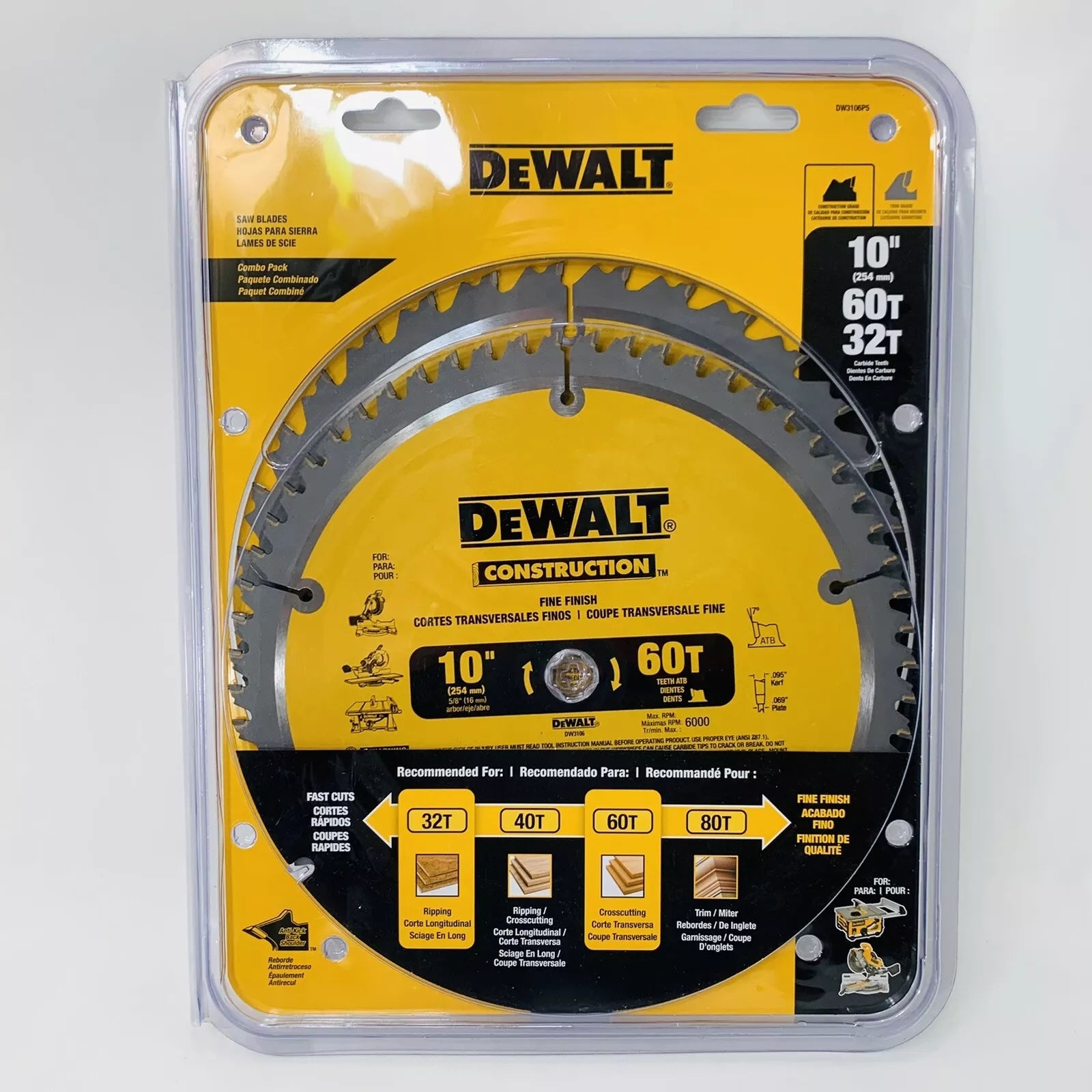 DEWALT DW3106P5 10in 60T 32T Miter Table Saw Blades - 2-Blade Combo Pack