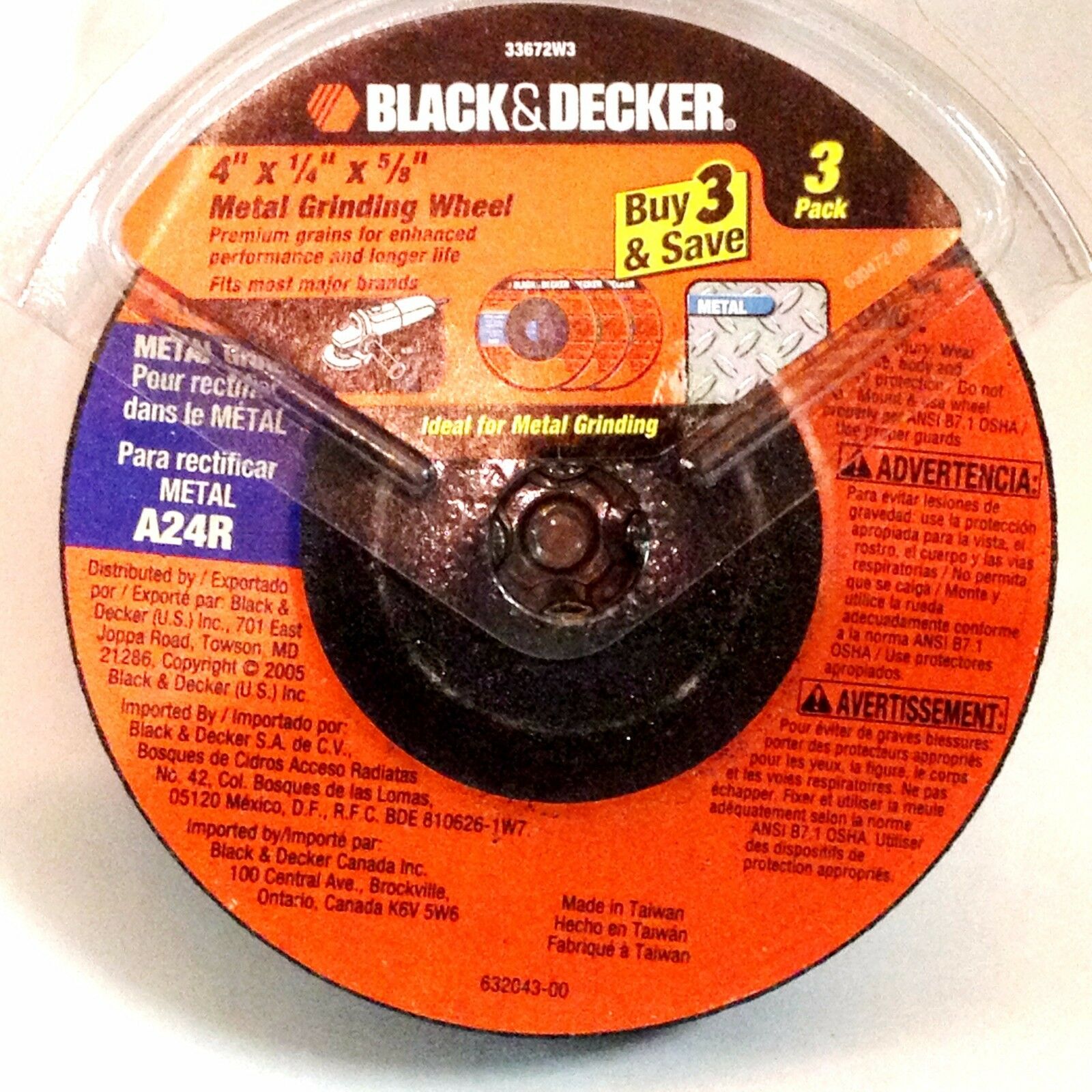 Black & Decker 33672W3 Orange 4" x 1/4" x 5/8" A24R Metal Grinding Wheel 3 Pack