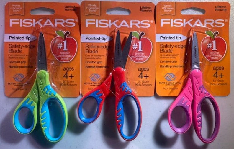 Fiskars 194230 Kids NO5 Pointed Tip Safety Edge Scissors 3 Pair Asst Colors