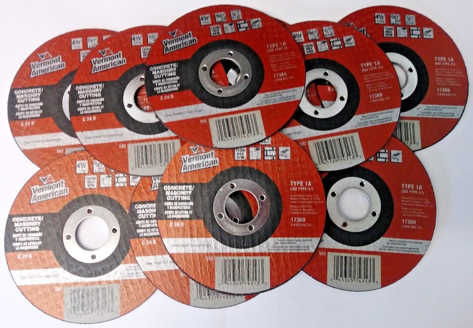 Vermont American 17369 4-1/2 x 3/32 x 7/8 Concrete & Masonry Cutting Wheels 10pc