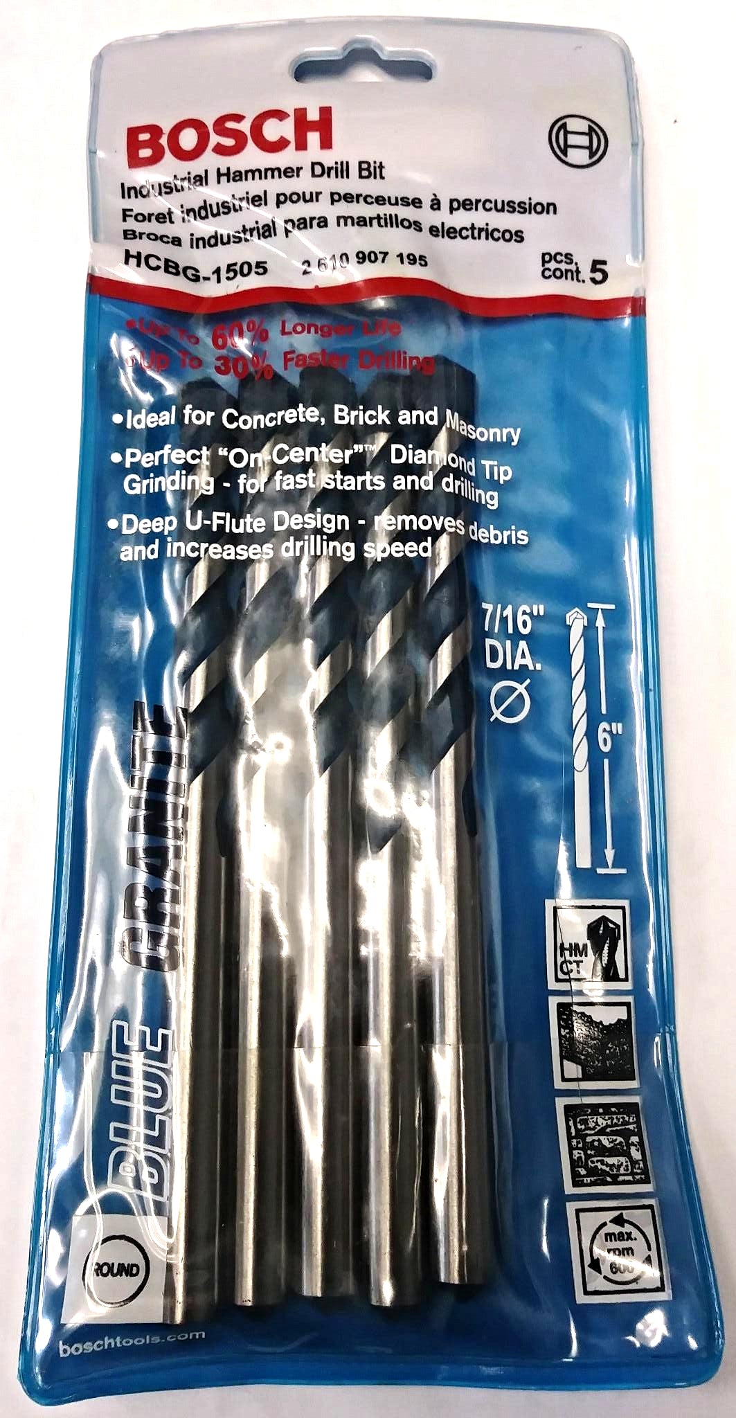 Bosch HCBG-1505 7/16" x 4" x 6" Blue Granite Hammer Drill Bit 5 Pack Germany