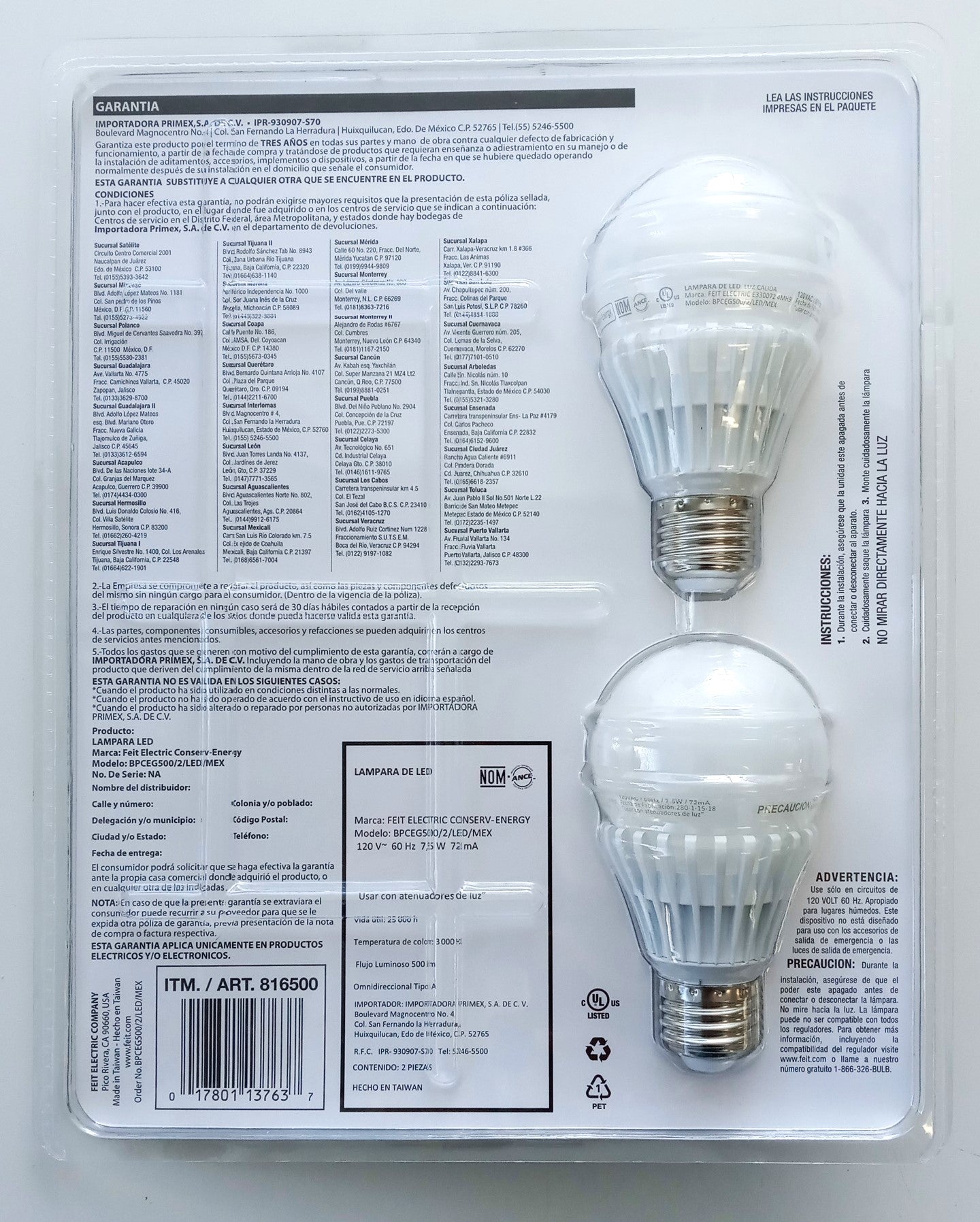 Feit Electric 816500 2 Pack Dimmable LED Bulbs 500 Lumens 3000k 7.5W