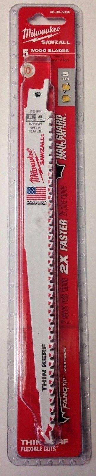 Milwaukee 48-00-5036 9" x 5 TPI Sawzall Reciprocating Wood Blades 5 Pack USA