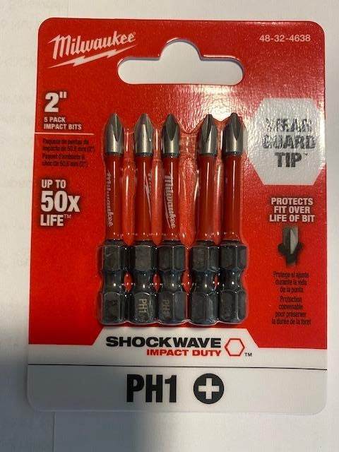 Milwaukee 48-32-4638 Impact Rated Phillips #1 x 2" Alloy Steel Screwdriver Bit 5-Pack