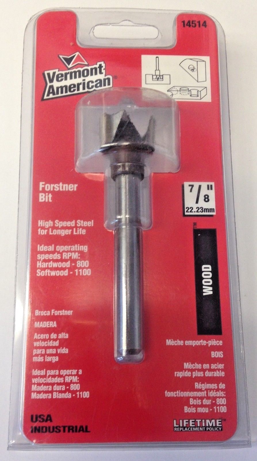 Vermont American 14514 7/8" High Speed Steel Wood Forstner Bit USA