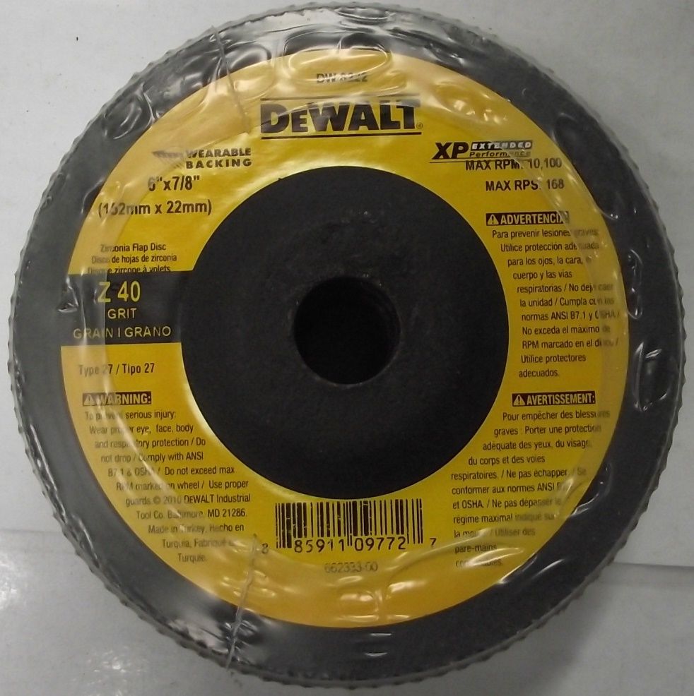 DEWALT DW8222 6" x 7/8" Z40 T27 WB Flap Disc 5pc