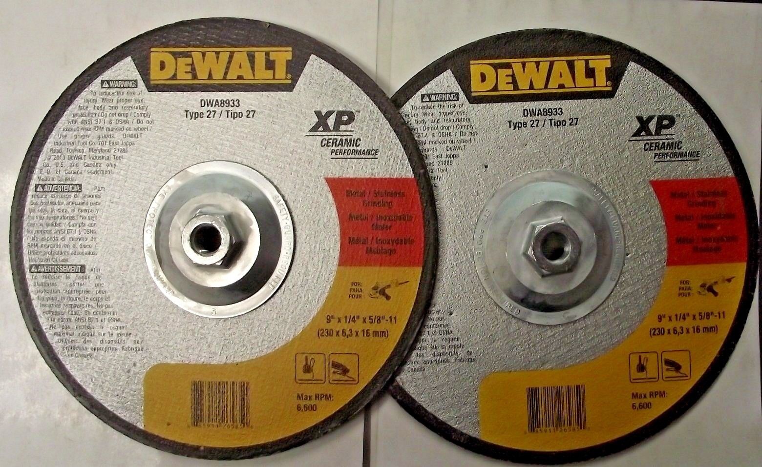 Dewalt DWA8933 9" x 1/4" x 5/8"-11 Ceramic Abrasive Metal Grinding Wheels 2pcs