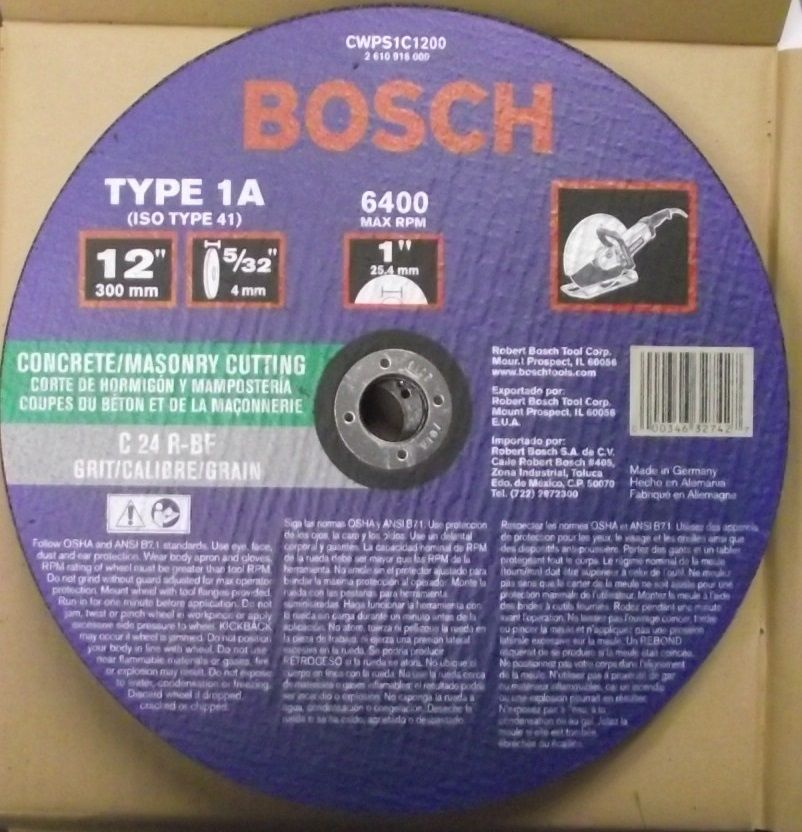 Bosch CWPS1C1200 Concrete & Masonry Cutting Wheel 12” x 5/32 x 1” 10Pcs Germany