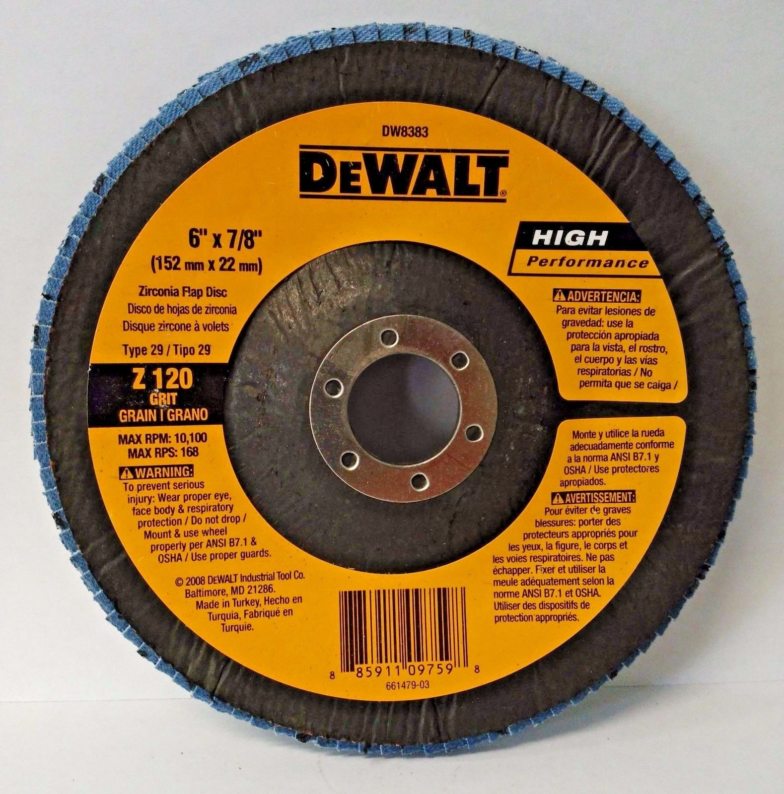 DeWalt DW8383 6" x 7/8" Zirconia 120 Grit Flap Disc