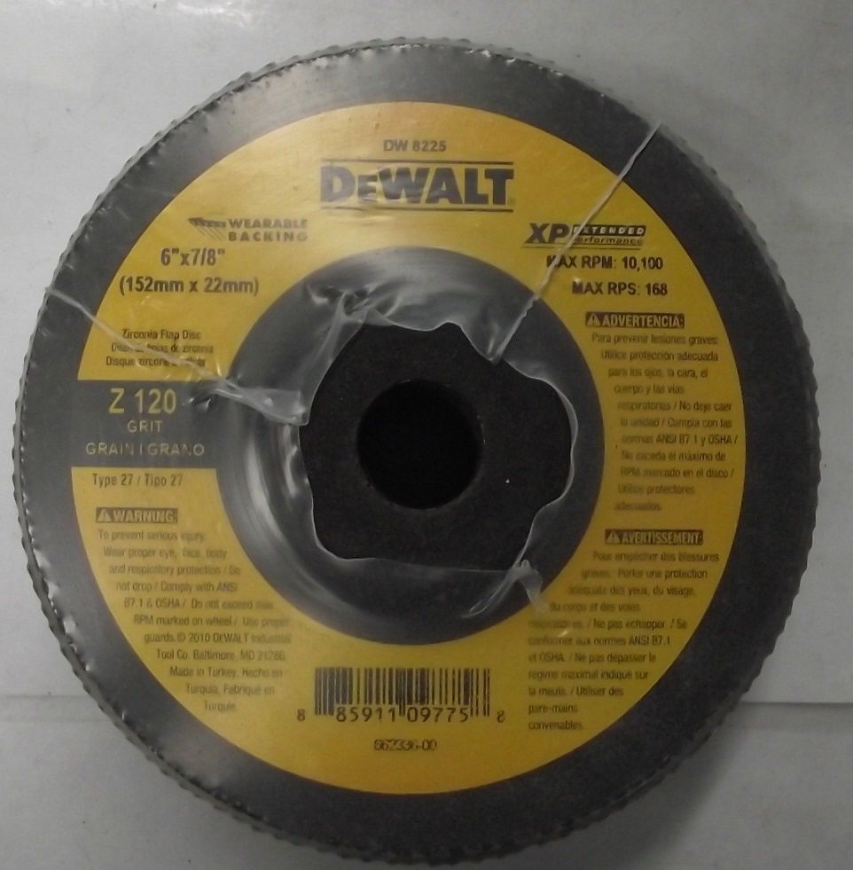 DEWALT DW8225 6" x 7/8"  Z120 Type 27 Wearable Backing Flap Disc 5pc