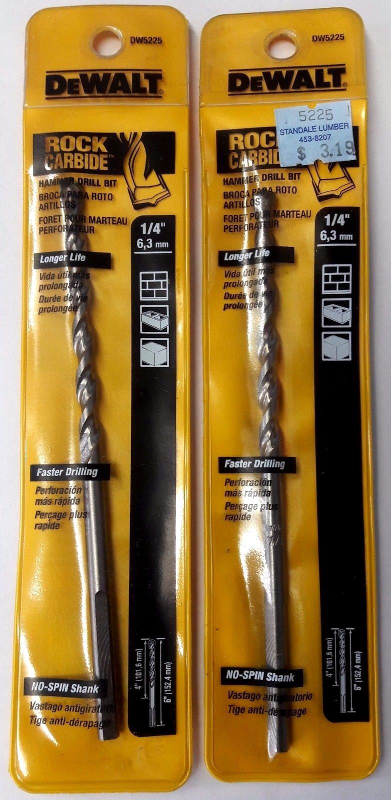 DEWALT DW5225 1/4" x 6" Rock Carbide Spiral Hammer Drill Bit 2PKS