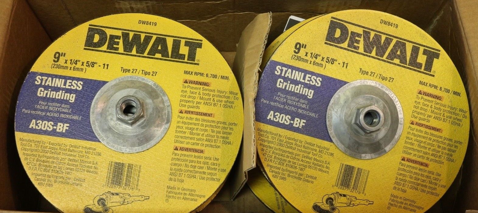 DEWALT DW8419 9” x 1/4” x 5/8"-11 Stainless Angle Grinding Wheel Type 27 10pcs.