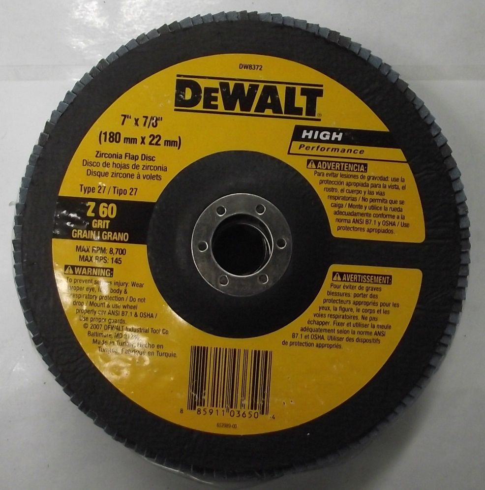 DEWALT DW8372 7" x 7/8" Z60 Grit Type 27 WB Flap Disc 5pc