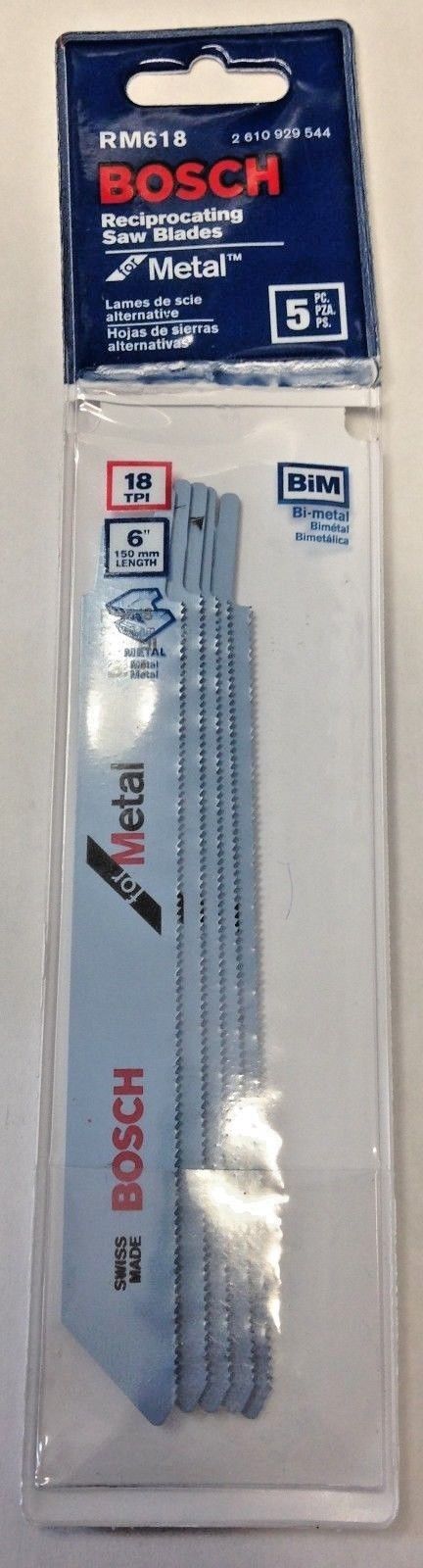 Bosch RM618 6" x 18 TPI Bi-Metal Reciprocating Saw Blades For Metal 5 Pack