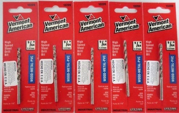 Vermont American 10209 9/64" HSS Drill Bit USA Wood Metal PVC 5 Packs