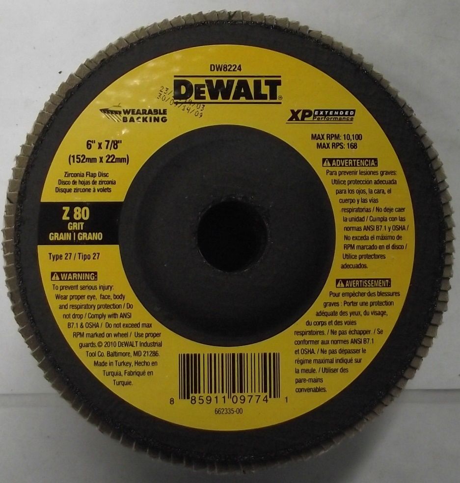 Dewalt DW8224 6" X 7/8"  Zirconia XP Flap Disc Z 80 Grit 5pcs.