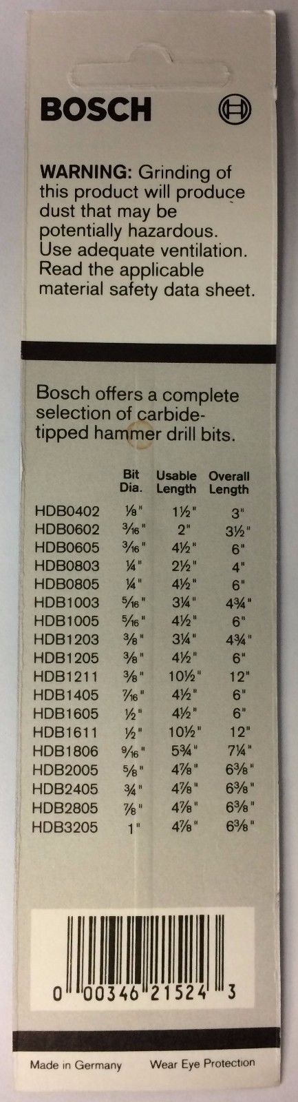 BOSCH HDB0602 3/16" x 2" x 3-1/2" Carbide Hammer Drill Bit Germany 3PCS