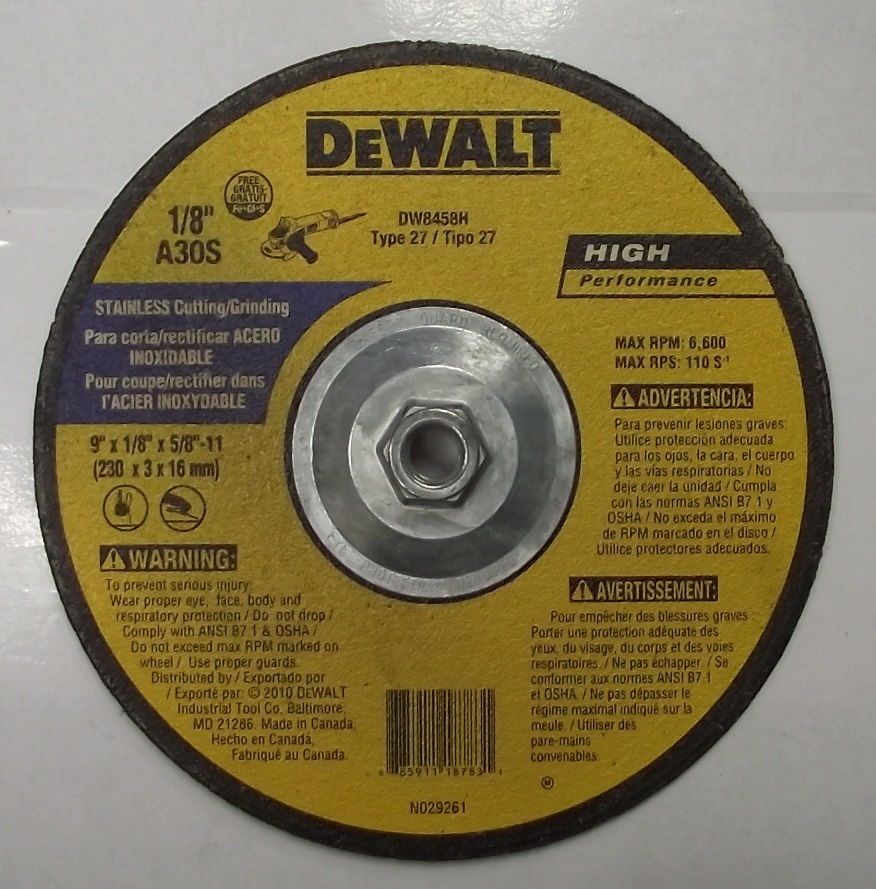 DeWalt DW8458H 9" x 1/8" x 5/8-11 Stainless Cutting & Grinding Wheel 10pc Canada