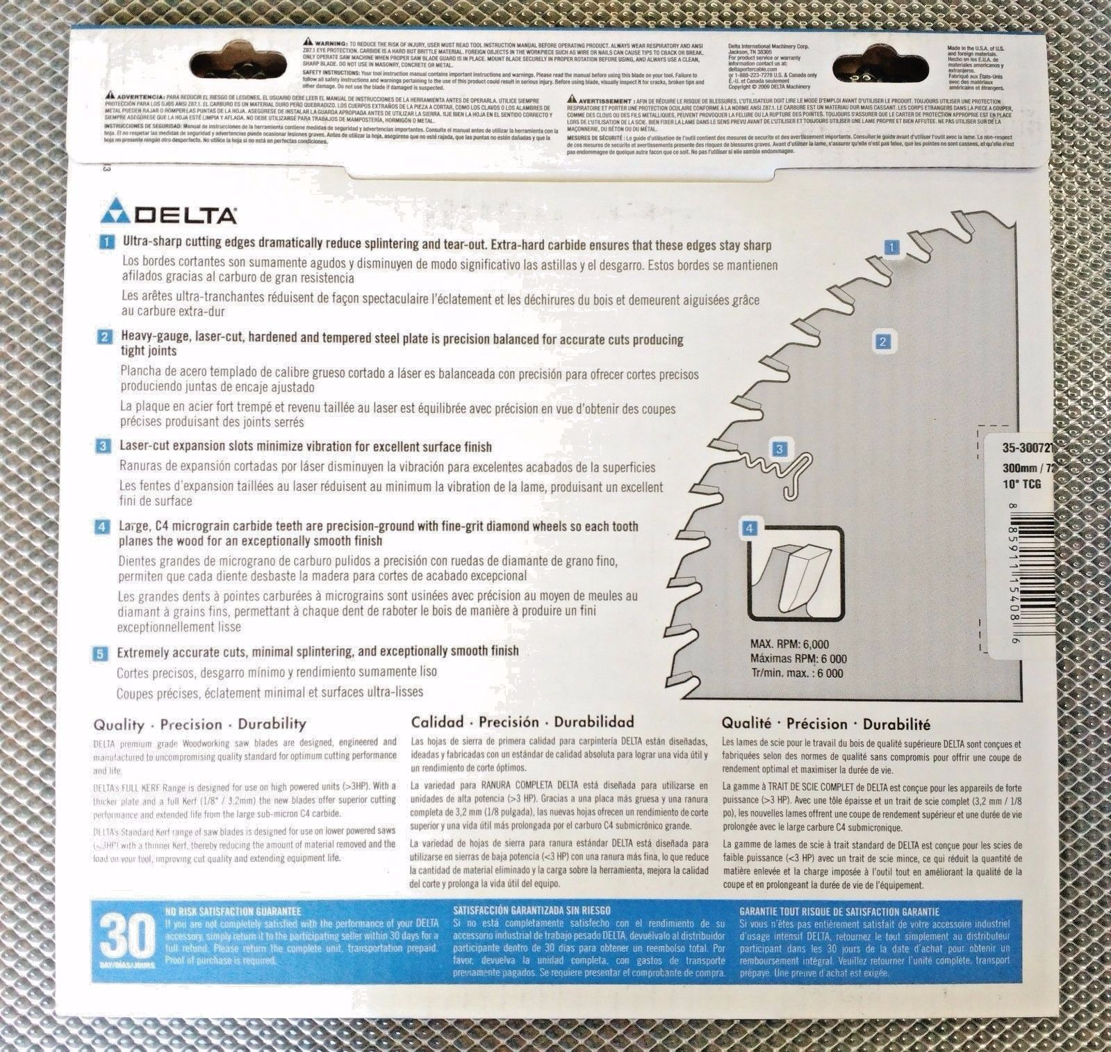 Delta 35-30072T Full Kerf Triple Chip Saw Blade 300MM x 72 Tooth USA