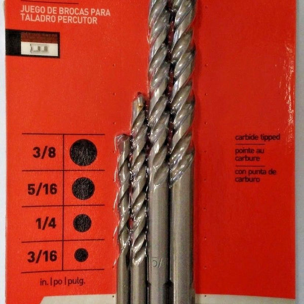 Black & Decker 16840 4 Piece Hammer Drill Bit Set 3/16 1/4 5/16 3/8