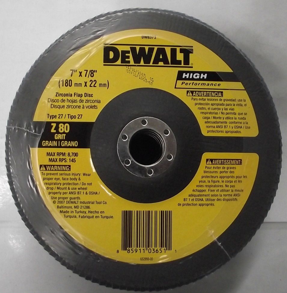 DEWALT DW8373 7" x 7/8" 80grit Type 27 HP Flap Disc 5pcs.