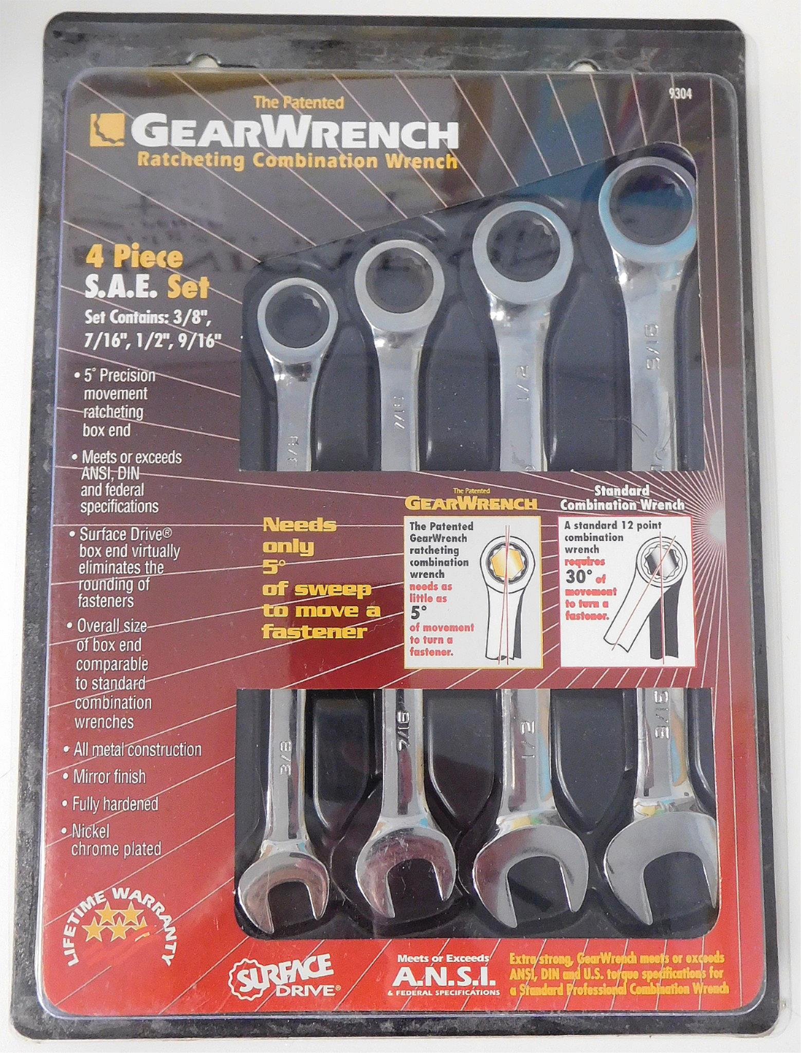 Gearwrench 9304 4 Piece SAE Ratcheting Combination Wrench Set 12 Point